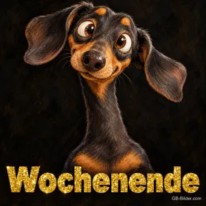 Dackel mit großen Augen und Schlappohren, Text: Wochenende