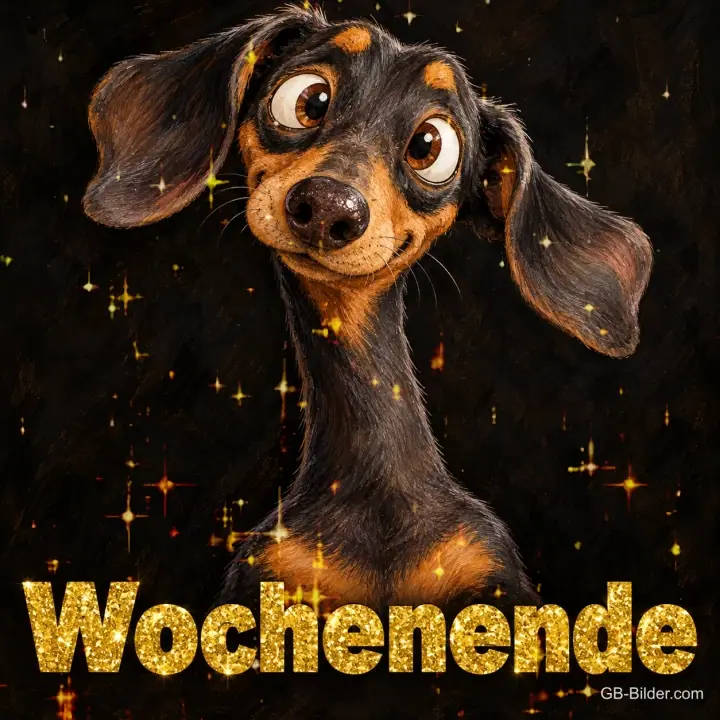 Dackel mit großen Augen und Schlappohren, Text: Wochenende