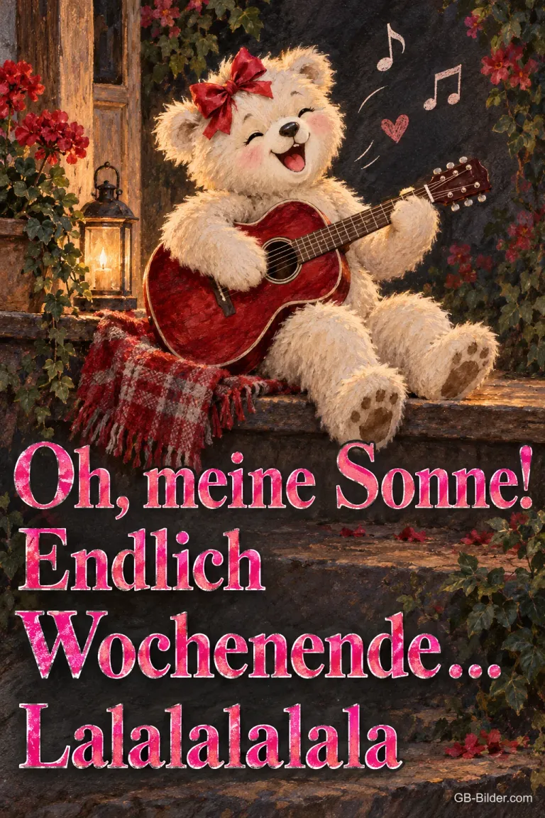 Gitarre spielender Teddybär vor Rosen, Text: Oh, meine Sonne! Endlich Wochenende … Lalalalalala