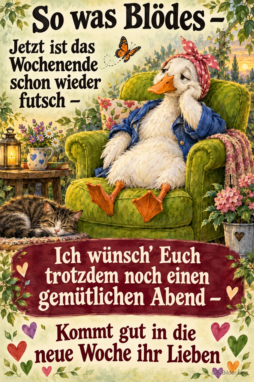 Ente mit Kopftuch und Jacke sitzt nachdenklich im Sessel, Text: So was Blödes – Jetzt ist das Wochenende schon wieder futsch – Was soll's – Ich wünsch' Euch trotzdem noch einen gemütlichen Abend – Kommt gut in die neue Woche ihr Lieben