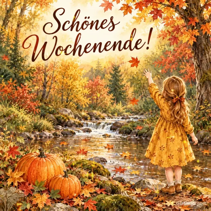 Mädchen fängt Herbstblätter am Bach, Text: Schönes Wochenende!