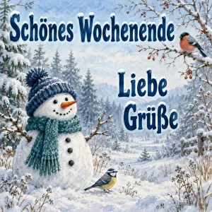Schneemann im Winterwald, Text: Schönes Wochenende