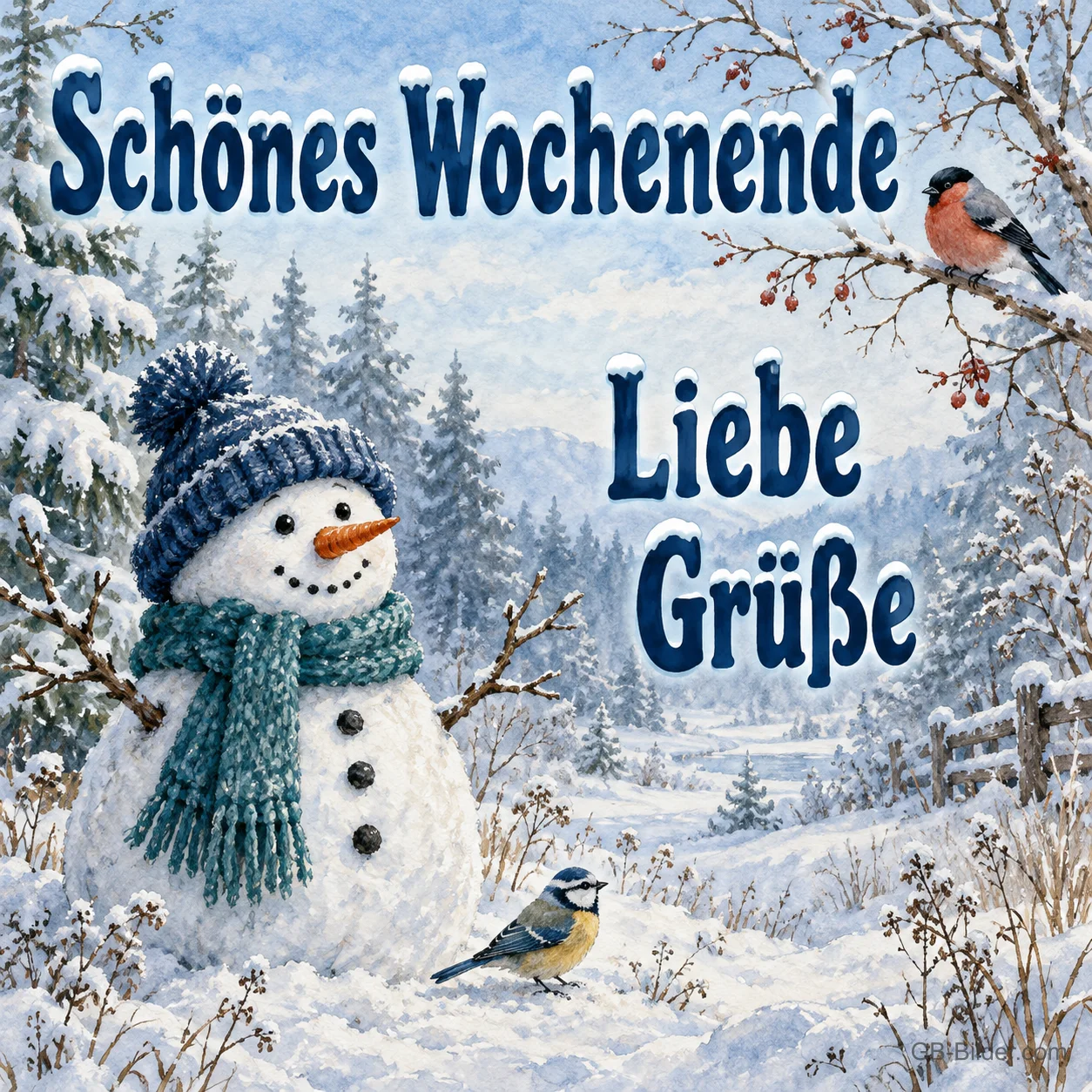 Schneemann im Winterwald, Text: Schönes Wochenende