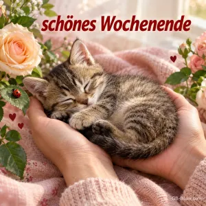 Schlafendes Kätzchen in zwei Händen, Text: Schönes Wochenende