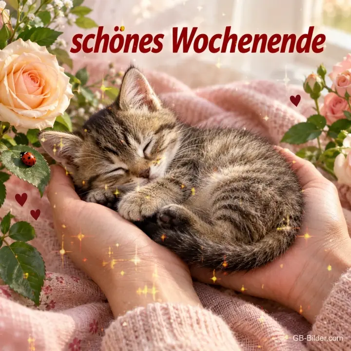 Schlafendes Kätzchen in zwei Händen, Text: Schönes Wochenende