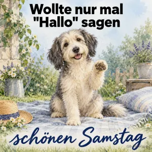 Zotteliger Hund hebt die Pfote, Text: Wollte nur mal Hallo sagen – schönen Samstag