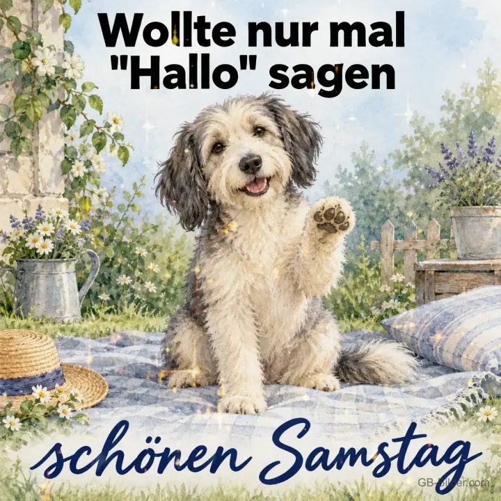 Zotteliger Hund hebt die Pfote, Text: Wollte nur mal Hallo sagen – schönen Samstag