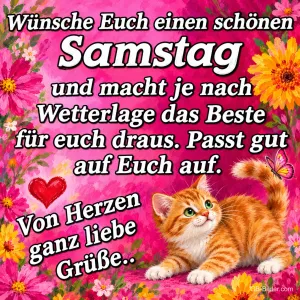 Rotes Kätzchen schaut zu einem Schmetterling zwischen Blumen, Text: Wünsche Euch einen schönen Samstag und macht je nach Wetterlage das Beste für euch draus. Passt gut auf Euch auf. Von Herzen ganz liebe Grüße..