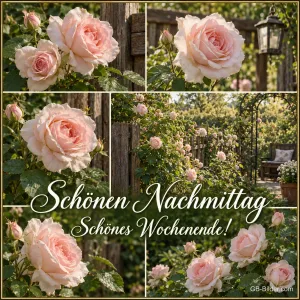 Zartrosa Rosen im Garten, Text: Schönen Nachmittag – Schönes Wochenende!