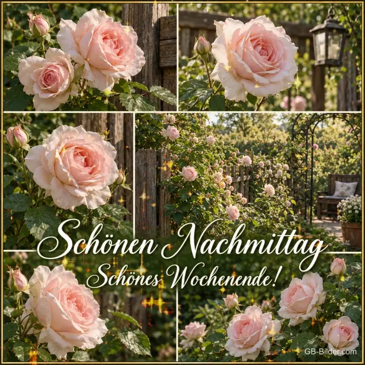 Zartrosa Rosen im Garten, Text: Schönen Nachmittag – Schönes Wochenende!