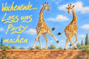 Zwei tanzende Giraffen auf einer Mauer, Text: Wochenende … Lass uns Party machen