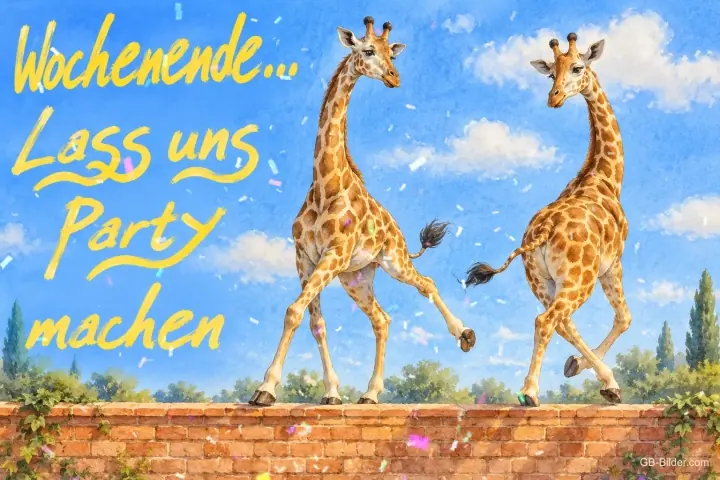 Zwei tanzende Giraffen auf einer Mauer, Text: Wochenende … Lass uns Party machen