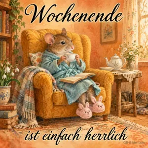 Maus im Bademantel, Text: Wochenende ist einfach herrlich