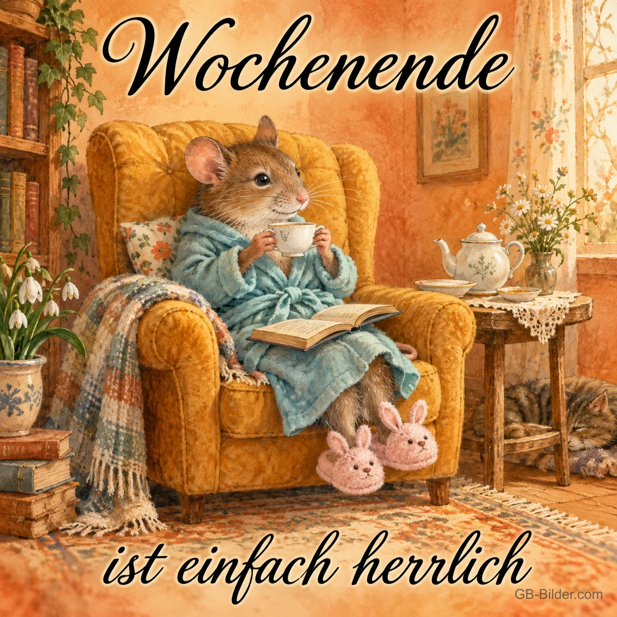 Maus im Bademantel, Text: Wochenende ist einfach herrlich