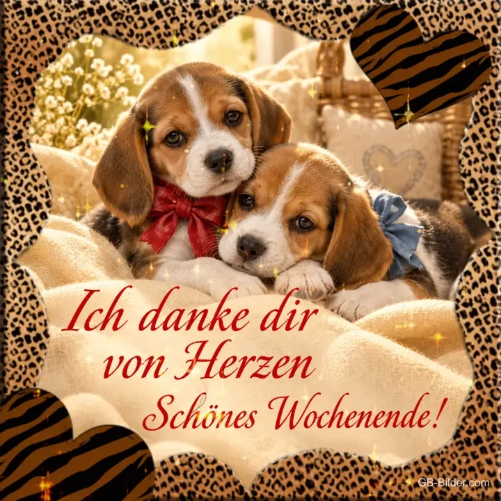 Zwei Beagle-Welpen mit Schleifen, Text: Ich danke dir von Herzen. Schönes Wochenende!