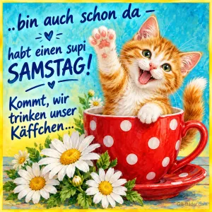 Kätzchen winkt aus einer roten gepunkteten Tasse, Text: ..bin auch schon da – habt einen supi SAMSTAG! Kommt, wir trinken unser Käffchen...