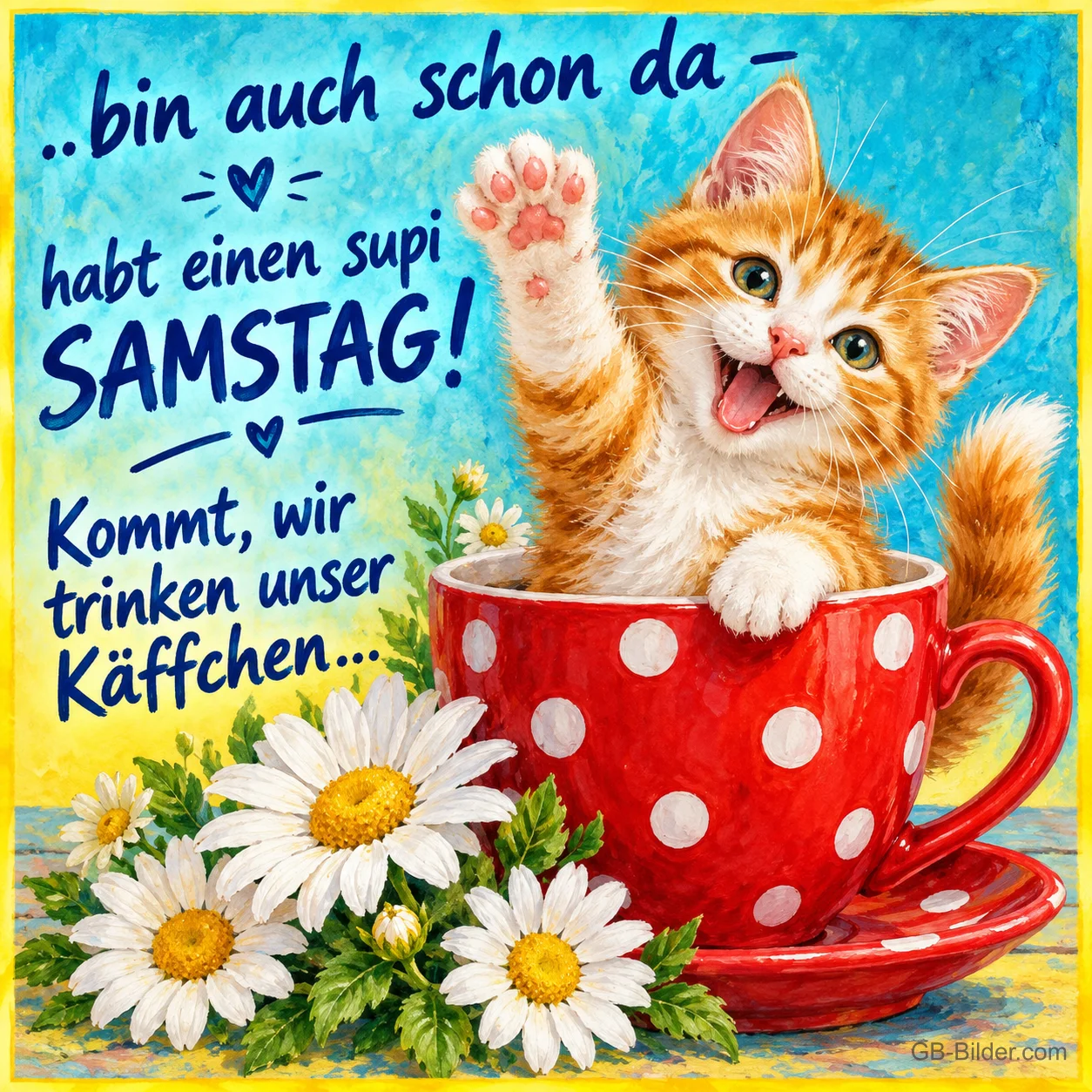 Kätzchen winkt aus einer roten gepunkteten Tasse, Text: ..bin auch schon da – habt einen supi SAMSTAG! Kommt, wir trinken unser Käffchen...