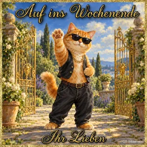 Winkender Kater mit Sonnenbrille vor einem Gartentor, Text: Auf ins Wochenende – Ihr Lieben