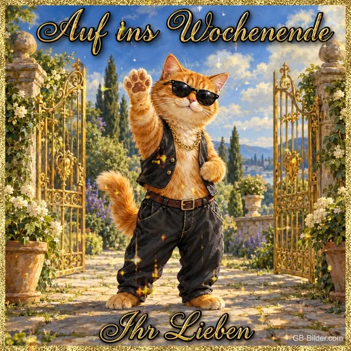 Winkender Kater mit Sonnenbrille vor einem Gartentor, Text: Auf ins Wochenende – Ihr Lieben