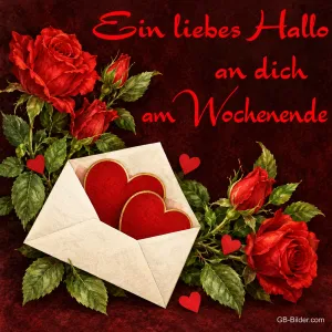 Briefumschlag mit Herzen zwischen roten Rosen, Text: Ein liebes Hallo an dich am Wochenende