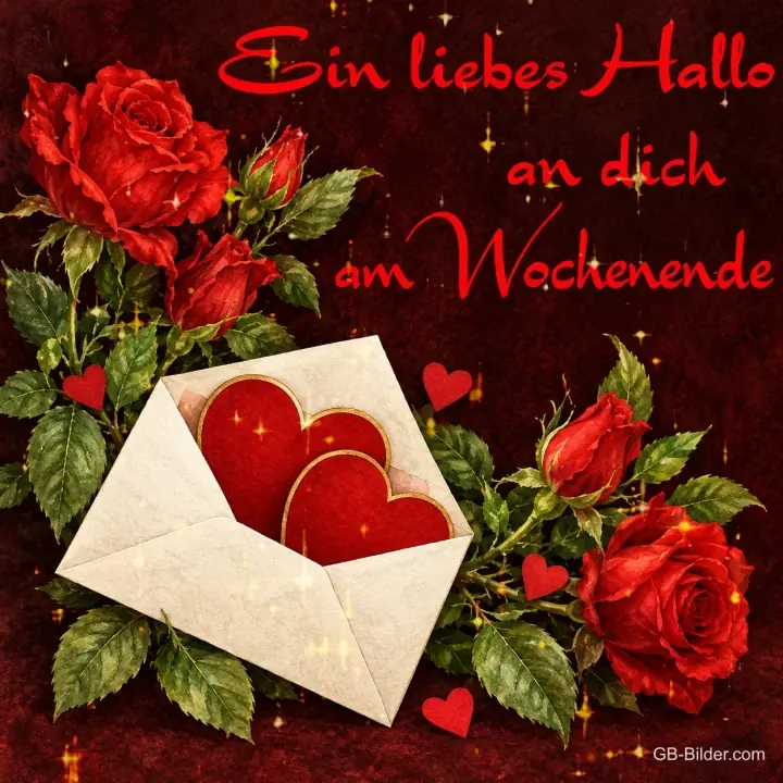 Briefumschlag mit Herzen zwischen roten Rosen, Text: Ein liebes Hallo an dich am Wochenende