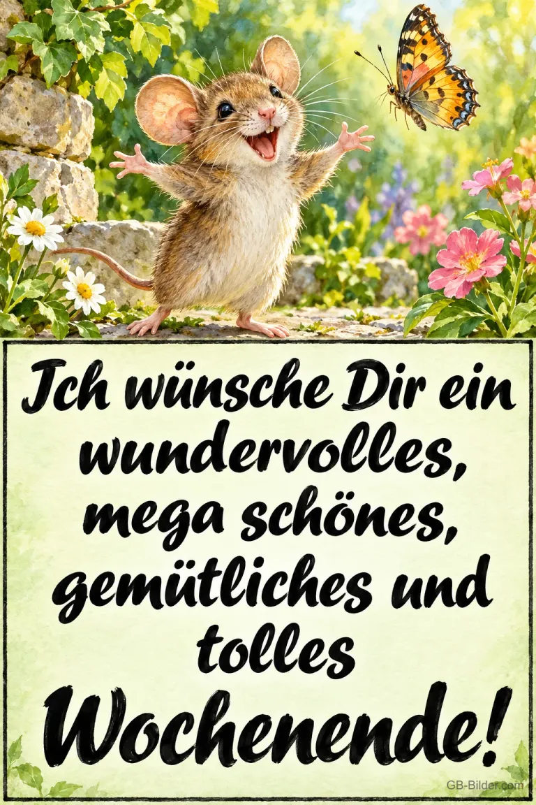 Maus breitet die Arme zwischen Blumen und einem Schmetterling aus, Text: Ich wünsche Dir ein wundervolles, mega schönes, gemütliches und tolles Wochenende!