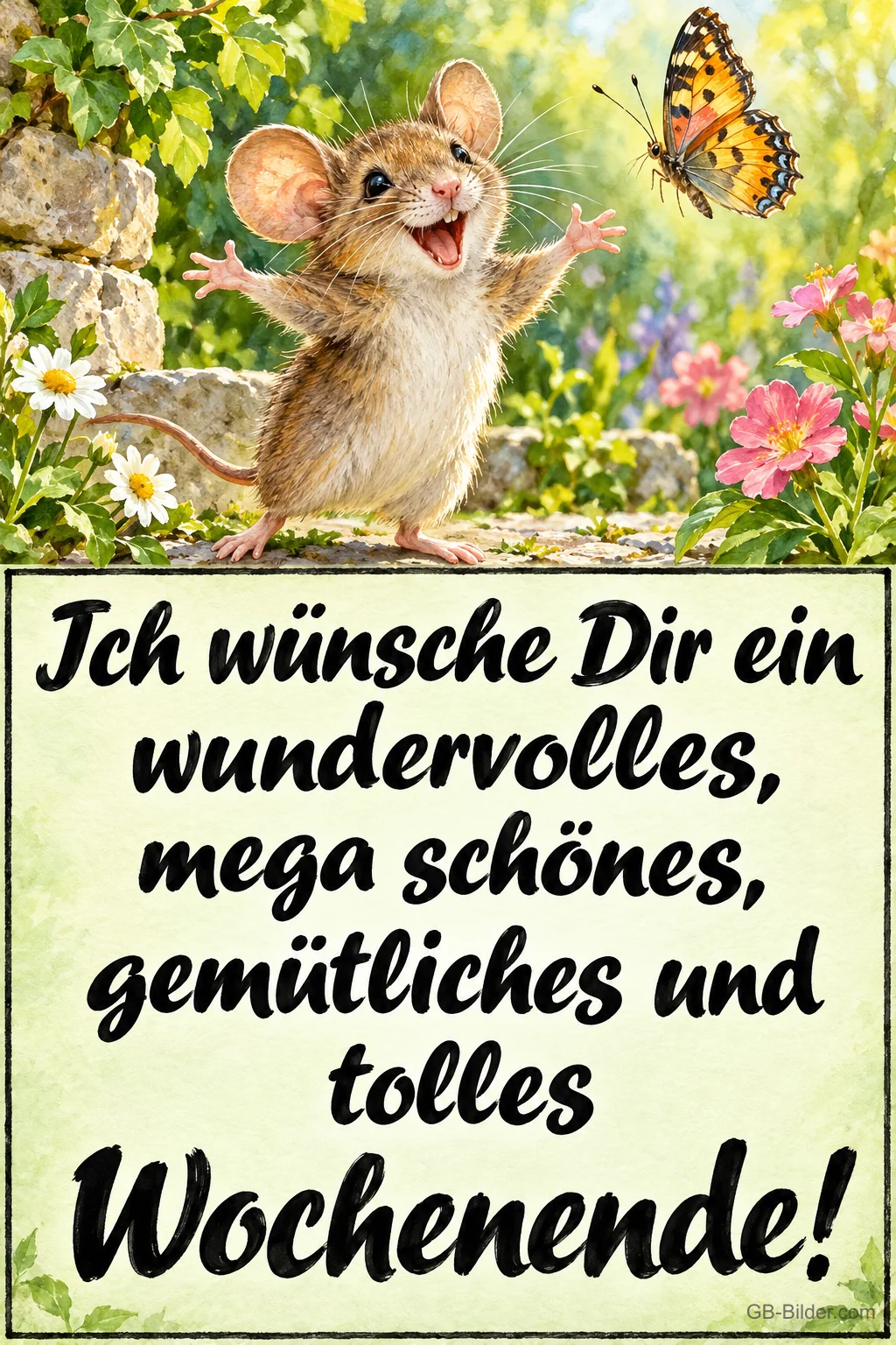 Maus breitet die Arme zwischen Blumen und einem Schmetterling aus, Text: Ich wünsche Dir ein wundervolles, mega schönes, gemütliches und tolles Wochenende!