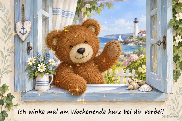 Teddybär winkt aus dem Fenster am Meer, Text: Ich winke mal am Wochenende kurz bei dir vorbei!