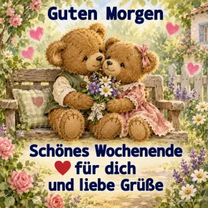 Teddybären auf der Gartenbank, Text: Guten Morgen