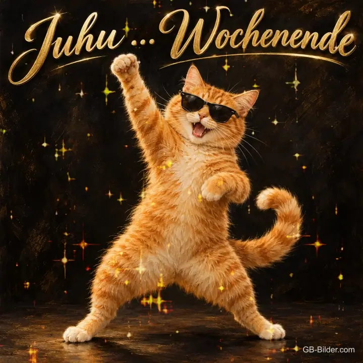 Rote Katze mit Sonnenbrille tanzt, Text: Juhu … Wochenende
