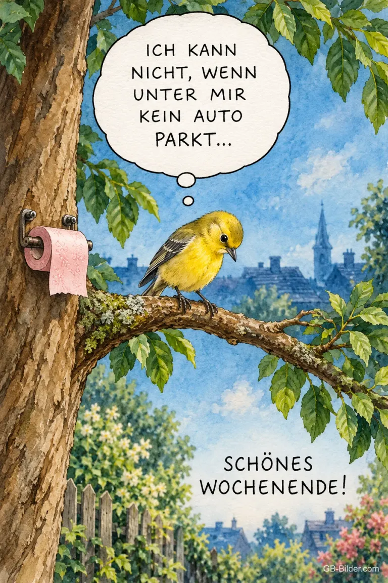 Vogel mit Klopapier, lustiger Spruch, Text: ICH KANN NICHT, WENN UNTER MIR KEIN AUTO PARKT