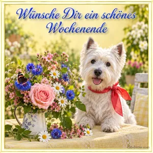 West Highland Terrier mit Schleife neben Blumenstrauß, Text: Wünsche dir ein schönes Wochenende