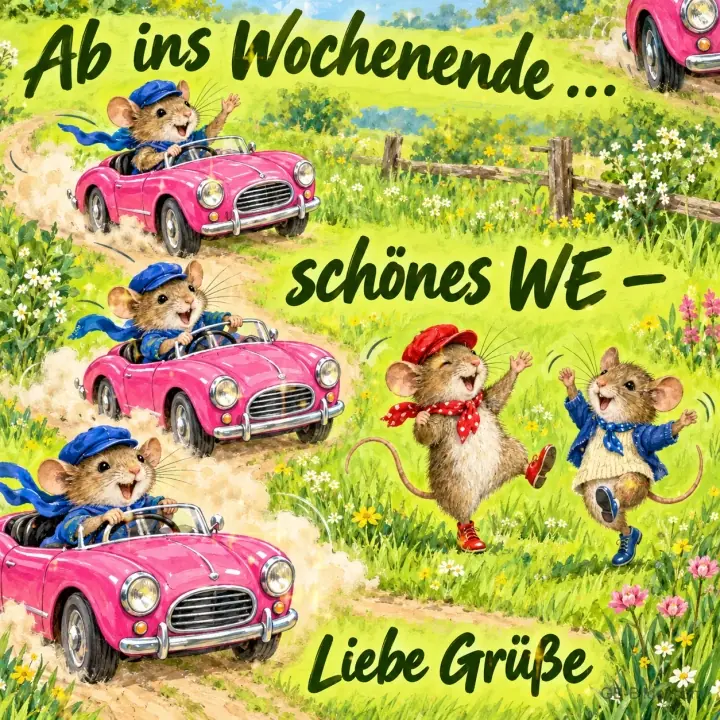 Mäuse fahren in rosa Cabrios, zwei Mäuse tanzen am Wegrand, Text: Ab ins Wochenende … schönes WE – Liebe Grüße