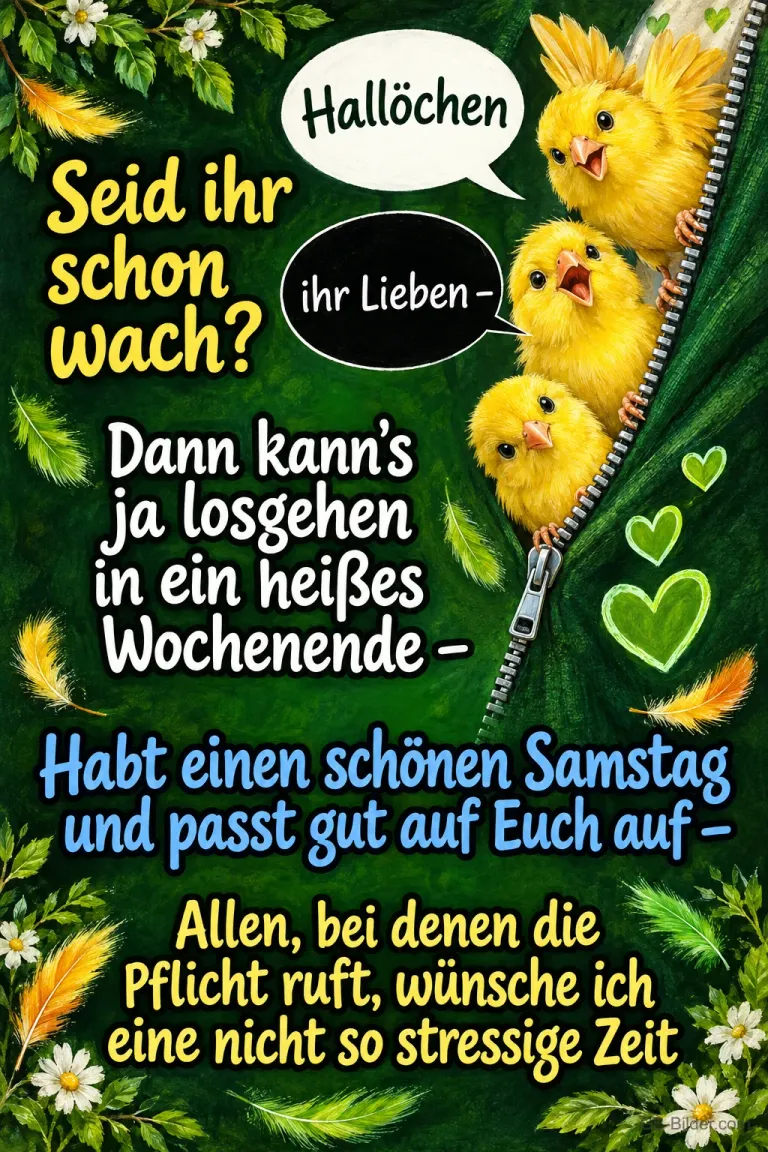 Drei Küken schauen aus einem Reißverschluss, Text: Hallöchen ihr Lieben – Seid ihr schon wach? Dann kann's ja losgehen in ein heißes Wochenende – Habt einen schönen Samstag und passt gut auf Euch auf – Allen, bei denen die Pflicht ruft, wünsche ich eine nicht so stressige Zeit