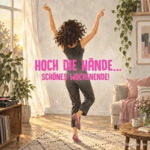 Tanzende Frau von hinten im Wohnzimmer, Text: Hoch die Hände … schönes Wochenende!