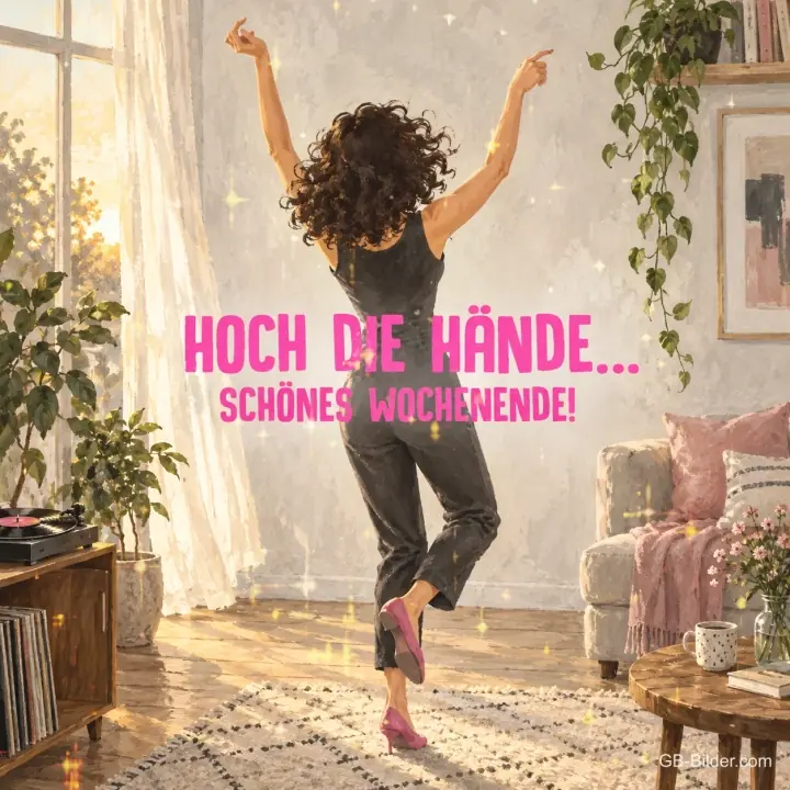 Tanzende Frau von hinten im Wohnzimmer, Text: Hoch die Hände … schönes Wochenende!