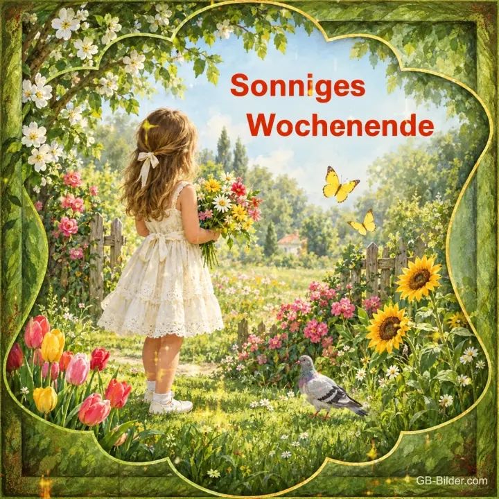 Mädchen mit Blumenstrauß im Garten, Text: Sonniges Wochenende
