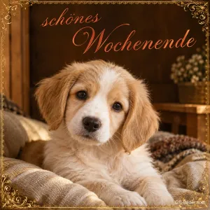 Welpe auf einer Decke, Text: Schönes Wochenende