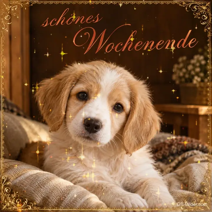 Welpe auf einer Decke, Text: Schönes Wochenende