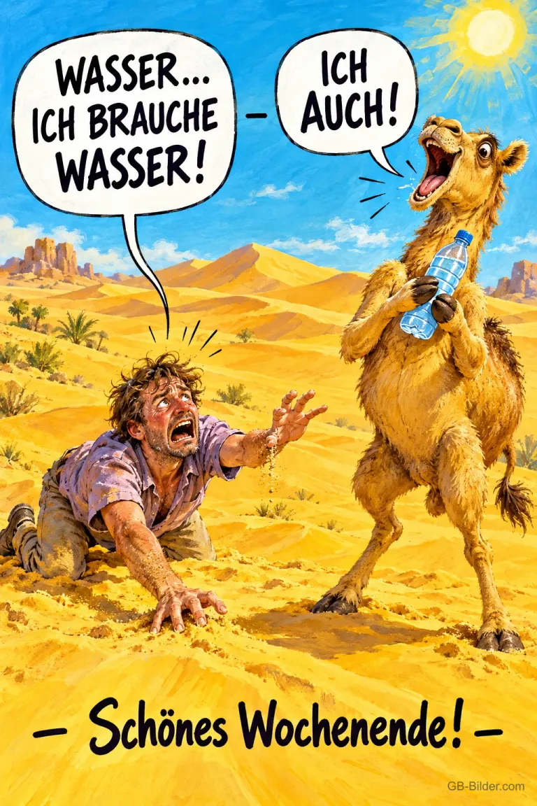 Durstiger Mann kriecht durch die Wüste, ein Kamel hält eine Wasserflasche, Text: WASSER... ICH BRAUCHE WASSER! – ICH AUCH! – Schönes Wochenende!