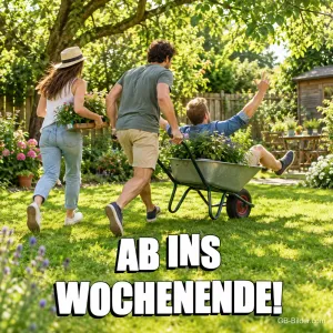 Mann schiebt einen anderen in der Schubkarre durch den Garten, Text: Ab ins Wochenende!