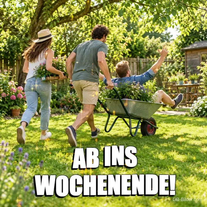 Mann schiebt einen anderen in der Schubkarre durch den Garten, Text: Ab ins Wochenende!