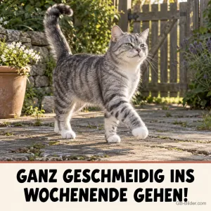 Getigerte Katze stolziert über einen Gartenweg, Text: GANZ GESCHMEIDIG INS WOCHENENDE GEHEN!