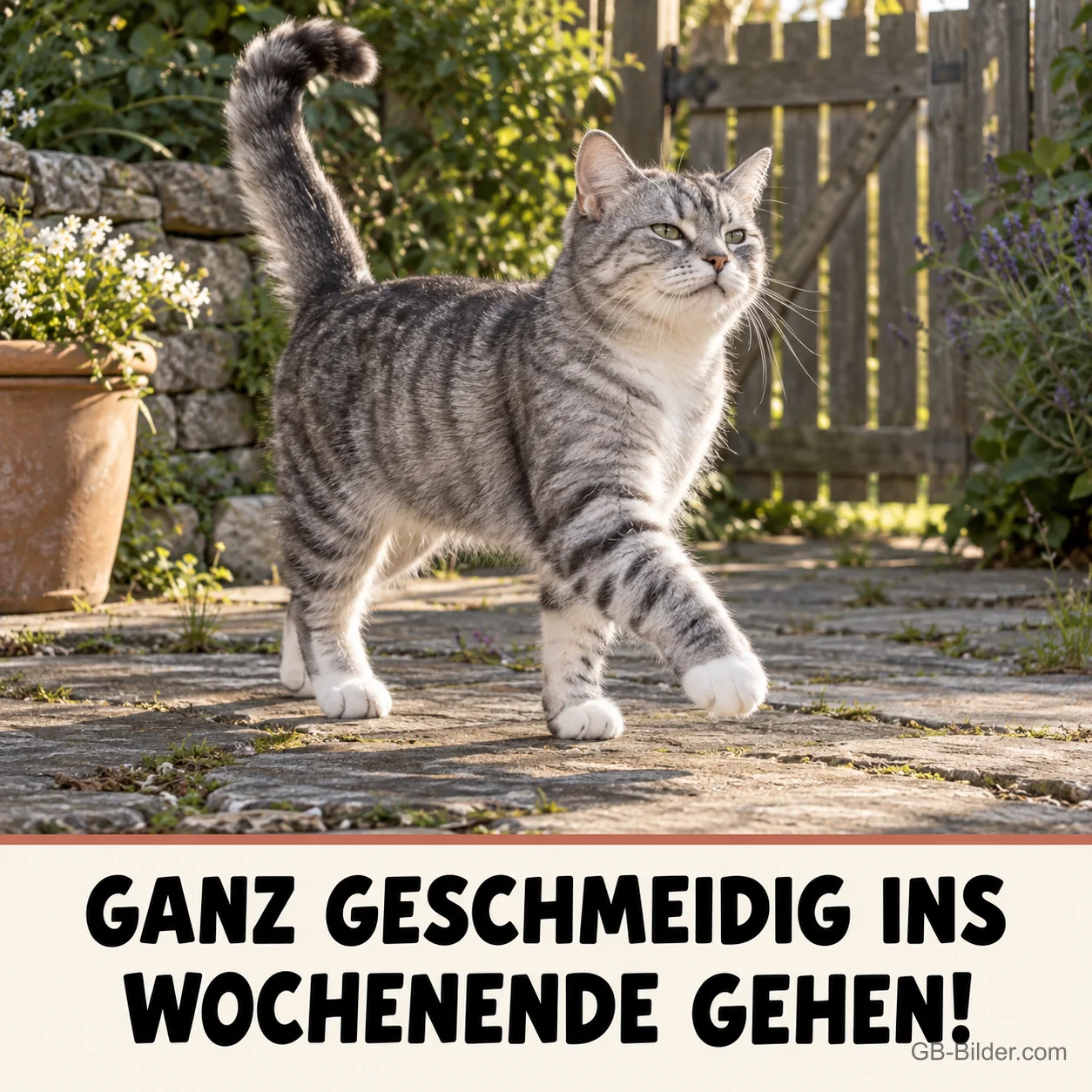 Getigerte Katze stolziert über einen Gartenweg, Text: GANZ GESCHMEIDIG INS WOCHENENDE GEHEN!