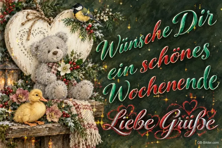 Teddybär und Entenküken vor Holzherz, Text: Wünsche dir ein schönes Wochenende – Liebe Grüße