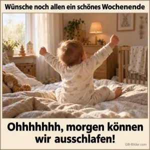 Jubelndes Baby im Bett, Text: Wünsche noch allen ein schönes Wochenende