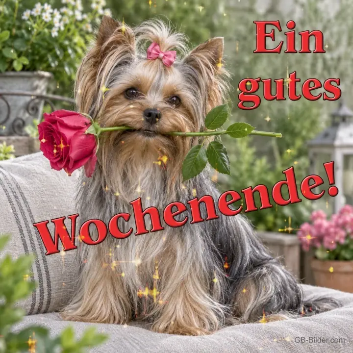 Yorkshire Terrier mit roter Rose, Text: Ein gutes Wochenende!