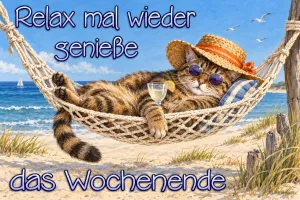 Katze in der Hängematte, Text: Relax mal wieder genieße das Wochenende