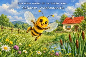 Biene fliegt lachend über eine Blumenwiese vor einem Haus, Text: Und schon wieder ist ’ne Woche ’rum. Schönes Wochenende!