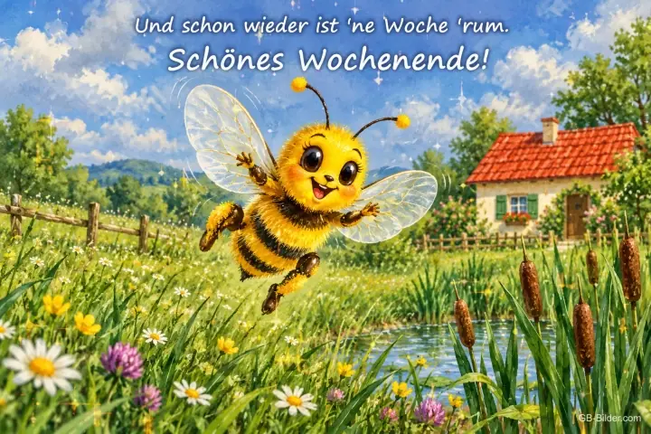 Biene fliegt lachend über eine Blumenwiese vor einem Haus, Text: Und schon wieder ist ’ne Woche ’rum. Schönes Wochenende!